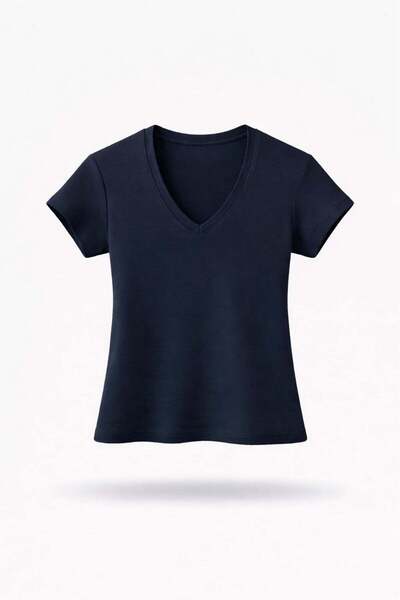 5in1Canpolat Navy Blue Basic V-Neck T-Shirt 011