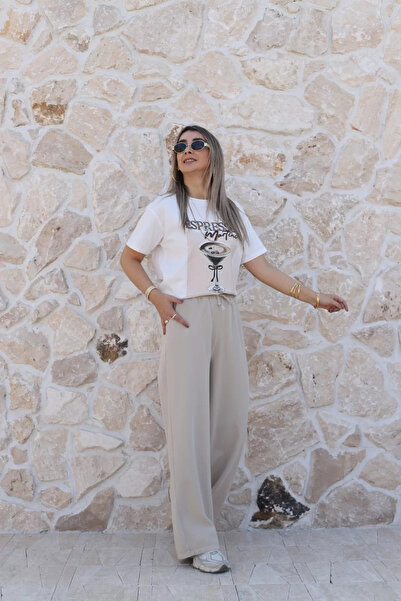 bytugcekaya Παντελόνι από πέτρινη γαμπαρντίνα με ελαστική μέση