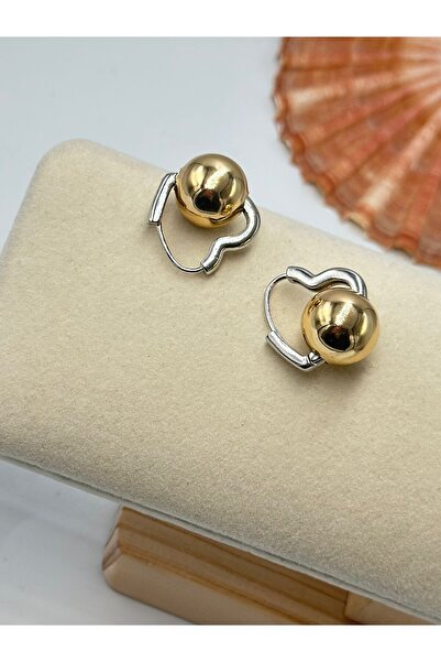 BYYEŞO Double Color Heart and Ball Detail Brass Plated Hoop Earrings
