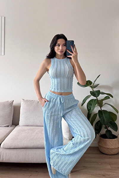 MOZENA Halter Neck Reverse Stitch Crop Top and Pants Two-Piece Set