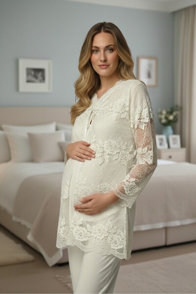 Lohussa New Season Ecru Summer Elegant Lace Detailed Design Buttoned Short Sl...