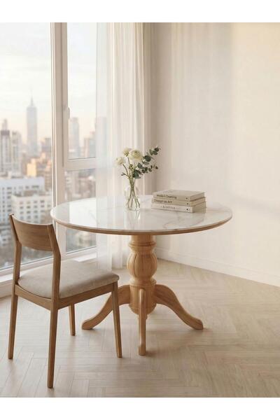 silla Concept Porselen Yuvarlak Üst Tablalı Baba Ayaklı Naturel Ahşap Masa (1...
