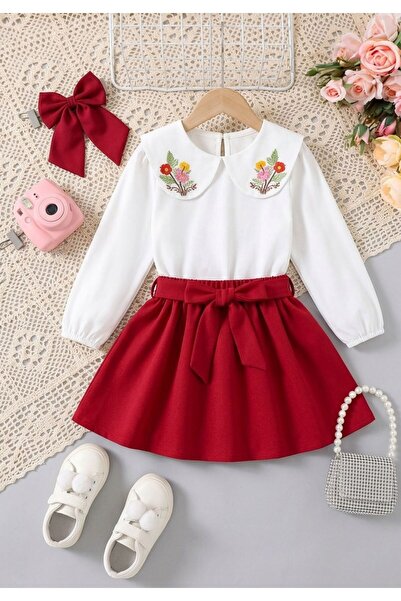 CALİSA Момичешки комплект: червена пола и бяла бродирана риза |   Стилен комб...
