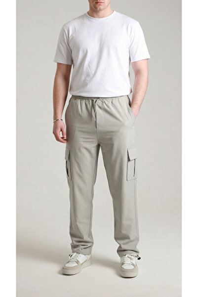 Quanlex Erkek Gri İnce Paraşüt Kumaş Eşofman Altı Kargo Cepli Klips Paça Raha...