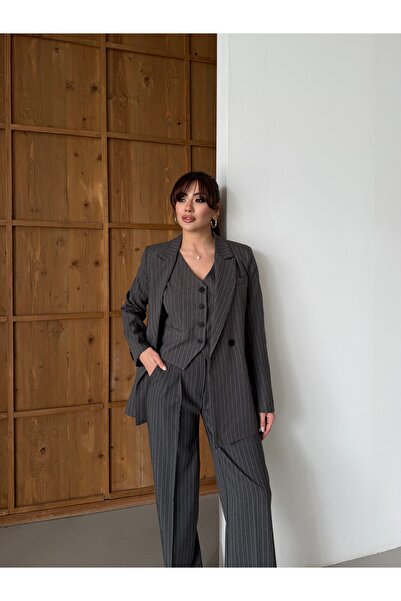 HOEK Γυναικείο κοστούμι γιλέκο με ριγέ ανθρακί σακάκι oversize