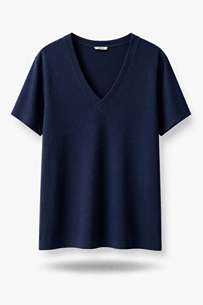5in1Canpolat Μπλουζάκι σε μπλε ναυτικό χρώμα με λαιμόκοψη V, βασικό μοντέλο 0001