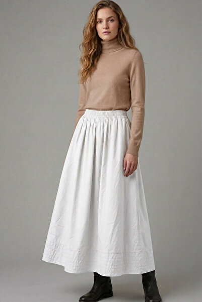 Şiir Balze Elastic Waist Skirt with Side Pockets, Stitched Detail, Long Skirt...
