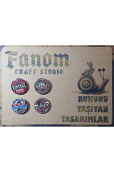 Fanom Vintage Route 66 & Custom Motor Temalı 4’lü Rozet Seti