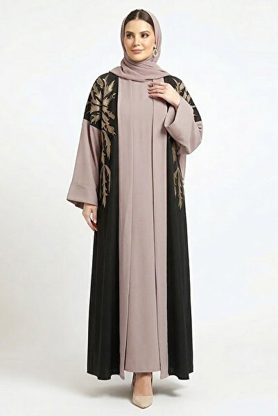 Muchmy Elegant Nida Fabric Open Abaya Set With Inner Dress Floral Embroidery ...