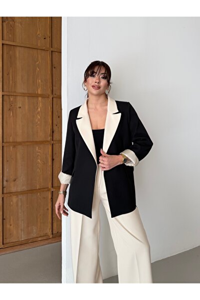 HOEK Kadın Krem-Siyah Oversize Blazer Ceket Palazzo Pantolon Takım Elbise