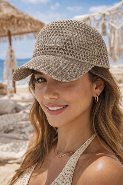 BALIENTE قبعة نسائية من قماش شبكي لامع من فرو المنك