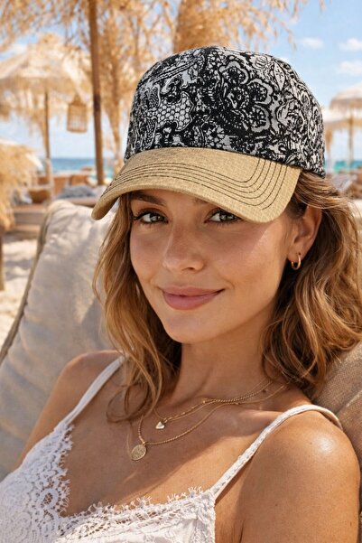 MARBERRY Black Shawl Patterned Straw Cap Women's Hat