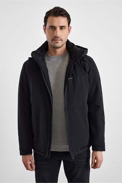 SÜVARİ Siyah Slim Klasik Yaka Düz Yan Cepli Fermuar Kapitone Rüzgar Geçirmez ...