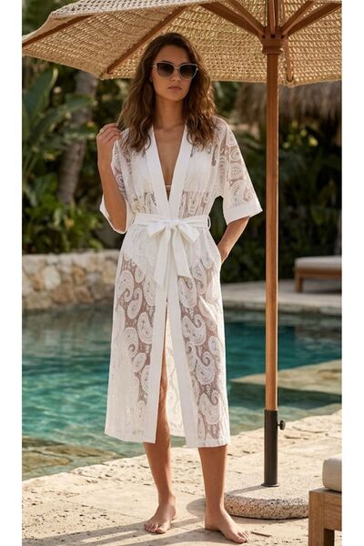 LinichandCo Καφτάνι παραλίας με σχέδιο σάλι και κορδόνια - Λευκό κιμονό παρεό...