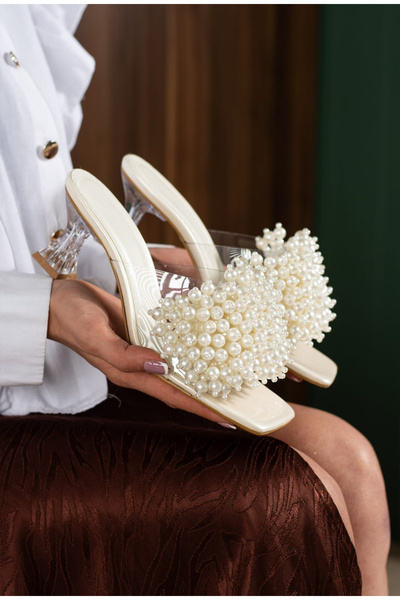 myshoes New Season Thick-Heeled Pearl Slippers with a 5cm Heel