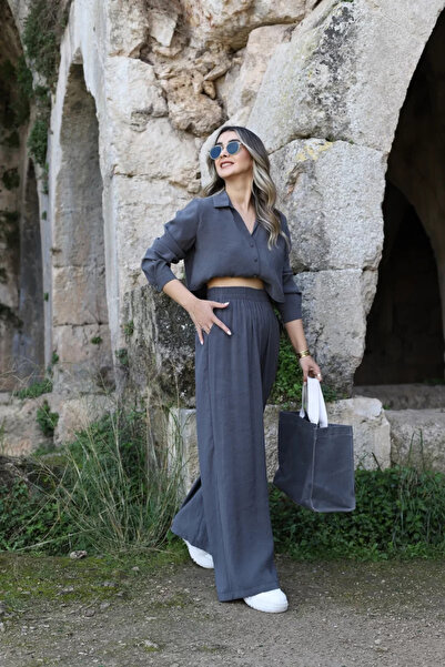 bytugcekaya Anthracite Crop Shirt Set