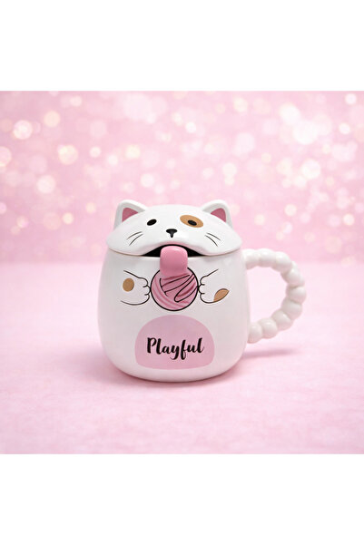 hediyeconcepti Cute Cat Design Mug with Lid Ceramic Coffee Cup Gift