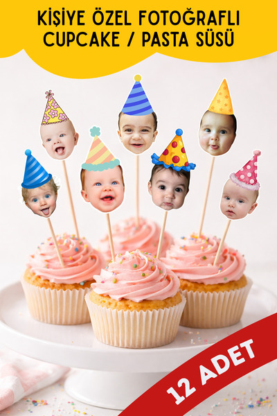 Fotoğraflı Kürdan Süsü Kişiye Özel Doğum Günü Cupcake Pasta Parti Dekor (12 Adet)