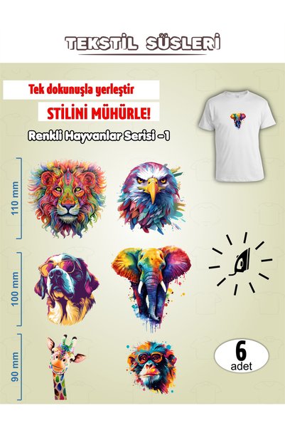 AGG Reklam Ütü ile Yapışan Kıyafet Etiketi Renkli Hayvanlar Serisi -1 6Lı Set