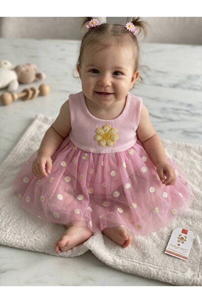 AYDEDE KİDS Kız Bebek Papatya Nakışlı Tül Elbise Yazlık Şık Rahat Elbise