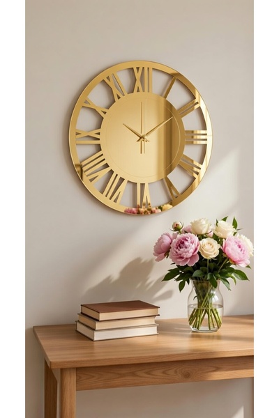 NİSANEST ساعة حائط فاخرة بمرآة 40 سم - ذهبي - فضي