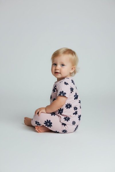 SERRASTIL Kız Bebek Çiçek Baskılı Lila Renkli %100 Pamuk Kısa Kollu Pijama Takımı