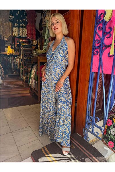 Miss Boheme Mavi Renk Gold Detaylı Boyundan Bağlamalı Sırtı Açık İpek Tulum