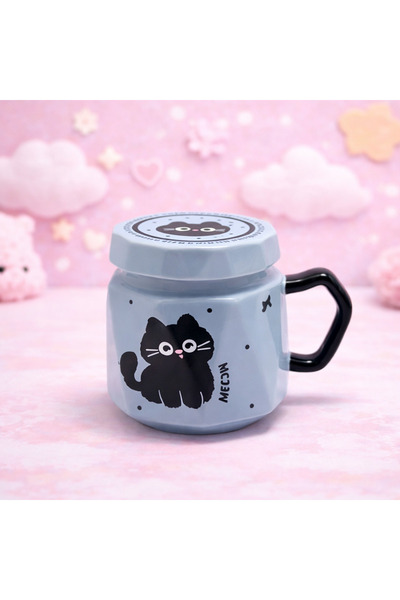 hediyeconcepti Cat Printed Ceramic Mug with Lid Kawaii Design Coffee Cup Gift...