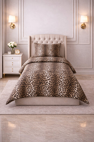vionetta Cotton Ranforce Leopard Elastic Sheet and 2 Pillows Single Duvet Cov...