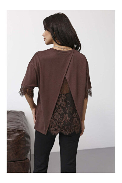 Perry Boutique Brown Back and Sleeve Lace Detailed Short Sleeve Blouse