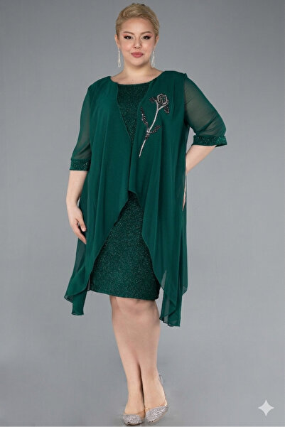 Efelif Emerald Green Short Sleeve Top Chiffon Midi Silvery Plus Size Evening ...