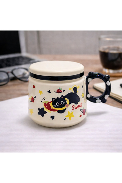 hediyeconcepti Cute Cat Patterned Ceramic Mug with Lid Coffee Cup Kawaii Gift...