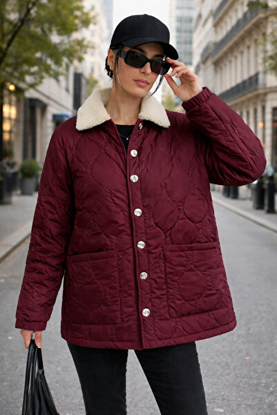 BORCKA TEKSTİL Kürkyaka Burgundy Quilted Patterned Women's Coat