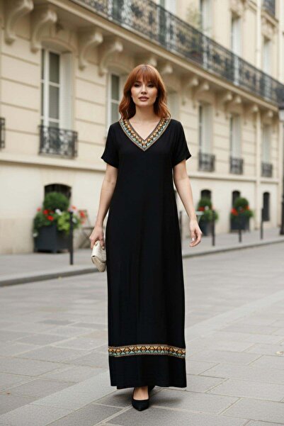 Mossta Short Sleeve V-Neck Long Viscose Dress - Black