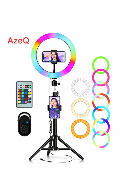 AZEQ MJ36 RGB Ring Light 10 inç Tripodlu Telefon Tutuculu LED Halka Işık Canl...