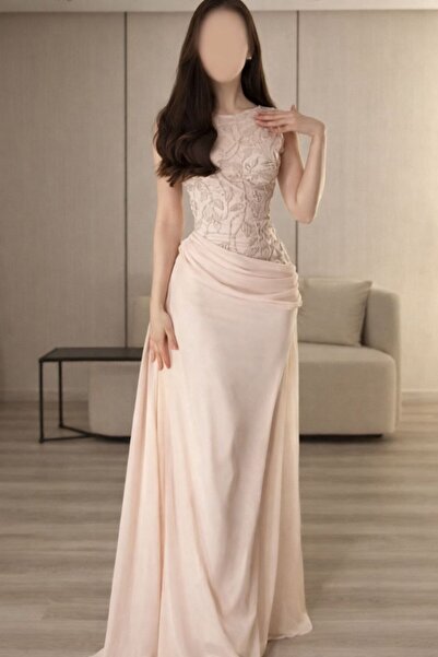 SKY dresses فستان لحمي شك مطرز تفته على شيفون