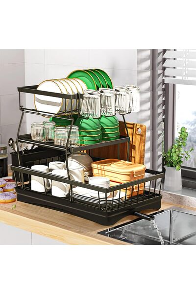Yoawllty Dish Rack, 3 Tier Dish Drying Stand with Drain Board, Dish Drainer f...