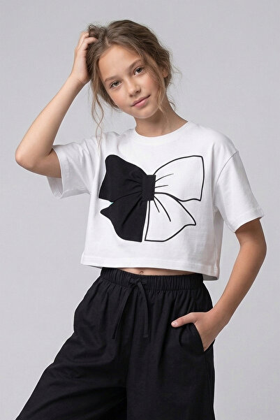 Dmb Момичешка лятна тениска с къс ръкав, кроп кройка и апликация с панделка