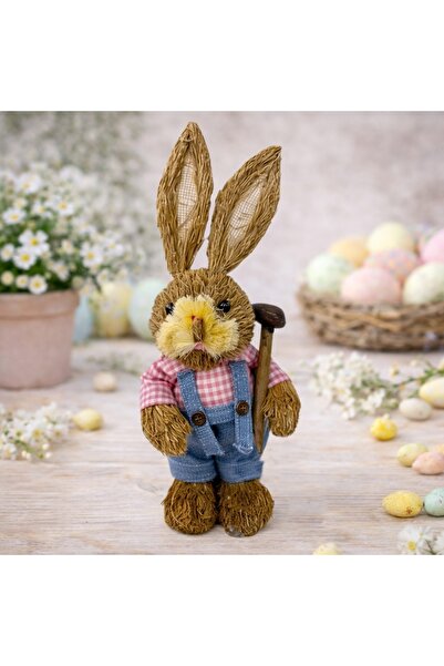 velve Decoratiune pentru Paste, iepuras rustic cu accesorii, din paie si text...