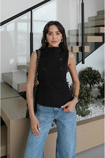 My Blog Black Double Buttoned Blouse with Adjustable Belt - 70265