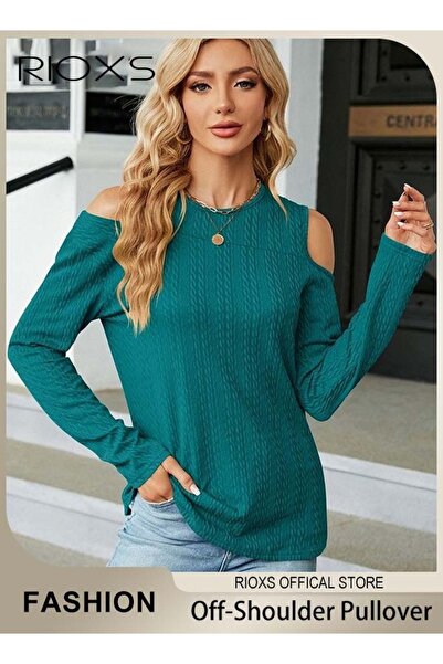 RIOXS Women's Cold Shoulder Long Sleeve Shirts, Casual Loose Fit Round Neck P...