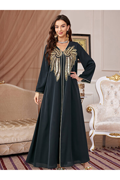 Madam Uniq فستان نسائي مزين بالترتر والخرز الذهبي