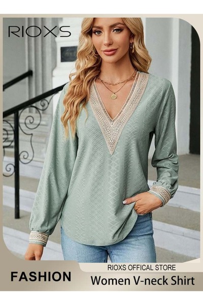 RIOXS Women's Lace Stitching Casual Blouses,V-neck Long Sleeve Sweartshirt,Kn...