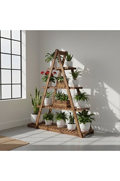 Ev dekka Doğal Ahşap 5 Katlı Merdiven Çiçeklik - 150x150 cm Taşınabilir Saksı...