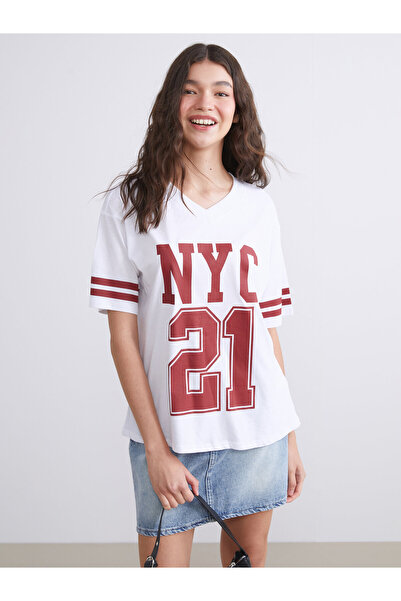 LC Waikiki Tricou de damă supradimensionat cu decolteu în V și imprimeu New York