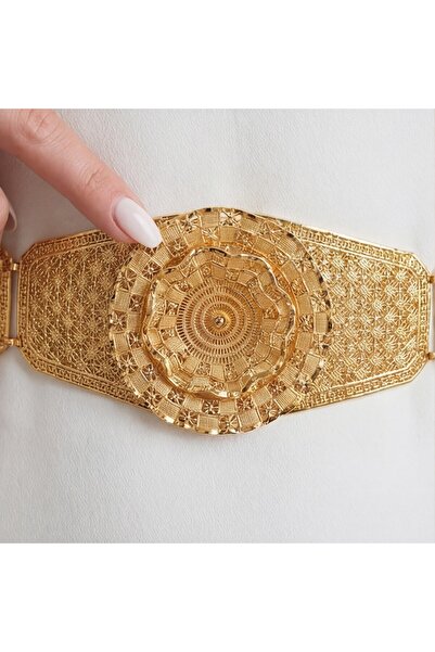 FerizZ Curea de damă placată cu aur, cu detalii brodate pătrate KMR-127