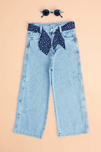 Fulla Moda Pantaloni pentru fete cu broderie cu fundă și eșarfă