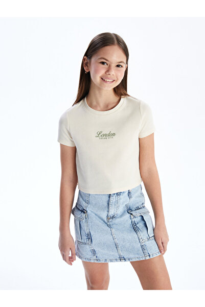 LC Waikiki Tricou crop pentru fete, cu guler rotund și broderie Londra