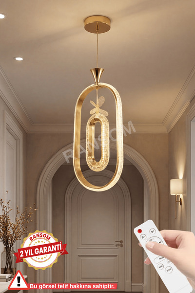 RANSOM İthal Seri 3 Renk Kumandalı Elips Halka Led Avize Toplu Kelebekli Gold...