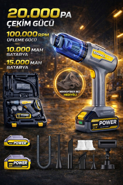 Merwish 20000PA Kablosuz Araç Süpürgesi 2in1 Vakum Üfleme 100000RPM Çift Bata...